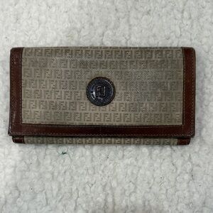 Fendi Logo Patterned Wallet in Brown and Cream